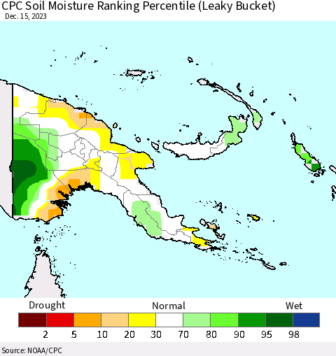 Papua New Guinea CPC Soil Moisture Ranking Percentile (Leaky Bucket) Thematic Map For 12/11/2023 - 12/15/2023