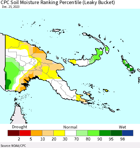 Papua New Guinea CPC Soil Moisture Ranking Percentile (Leaky Bucket) Thematic Map For 12/21/2023 - 12/25/2023