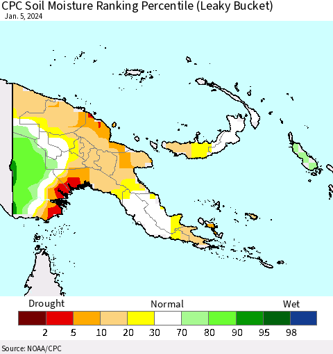 Papua New Guinea CPC Soil Moisture Ranking Percentile (Leaky Bucket) Thematic Map For 1/1/2024 - 1/5/2024