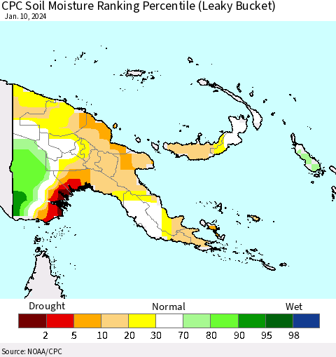 Papua New Guinea CPC Soil Moisture Ranking Percentile (Leaky Bucket) Thematic Map For 1/6/2024 - 1/10/2024