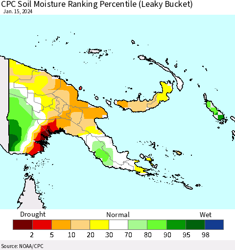 Papua New Guinea CPC Soil Moisture Ranking Percentile (Leaky Bucket) Thematic Map For 1/11/2024 - 1/15/2024