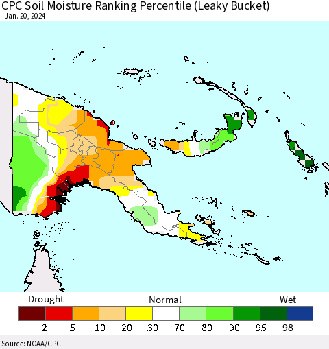 Papua New Guinea CPC Soil Moisture Ranking Percentile (Leaky Bucket) Thematic Map For 1/16/2024 - 1/20/2024