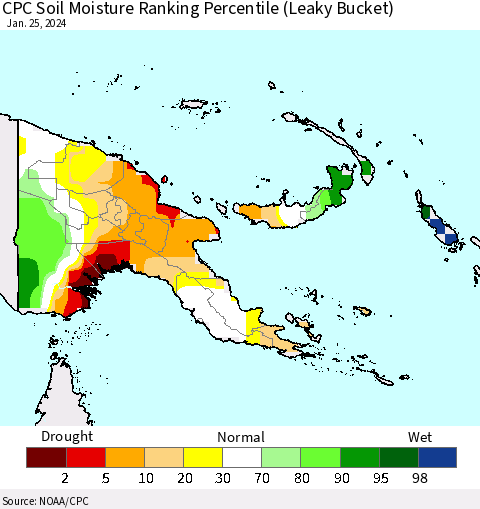 Papua New Guinea CPC Soil Moisture Ranking Percentile (Leaky Bucket) Thematic Map For 1/21/2024 - 1/25/2024