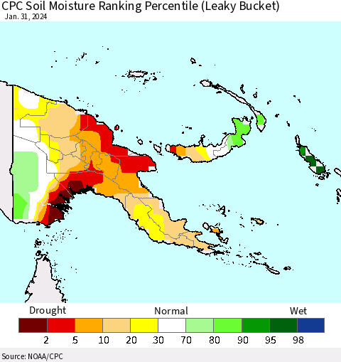 Papua New Guinea CPC Soil Moisture Ranking Percentile (Leaky Bucket) Thematic Map For 1/26/2024 - 1/31/2024