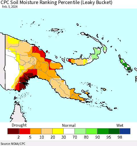 Papua New Guinea CPC Soil Moisture Ranking Percentile (Leaky Bucket) Thematic Map For 2/1/2024 - 2/5/2024