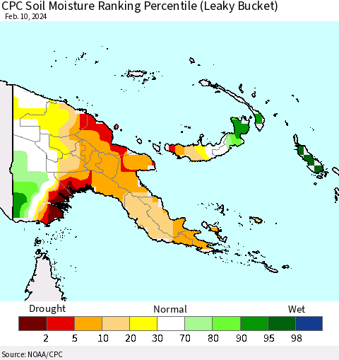 Papua New Guinea CPC Soil Moisture Ranking Percentile (Leaky Bucket) Thematic Map For 2/6/2024 - 2/10/2024