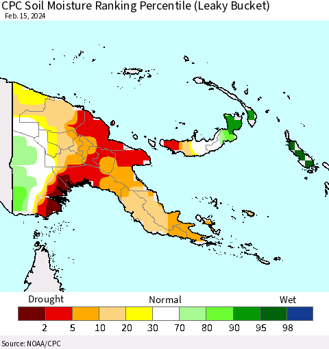 Papua New Guinea CPC Soil Moisture Ranking Percentile (Leaky Bucket) Thematic Map For 2/11/2024 - 2/15/2024