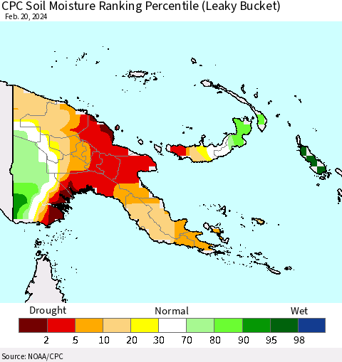 Papua New Guinea CPC Soil Moisture Ranking Percentile (Leaky Bucket) Thematic Map For 2/16/2024 - 2/20/2024