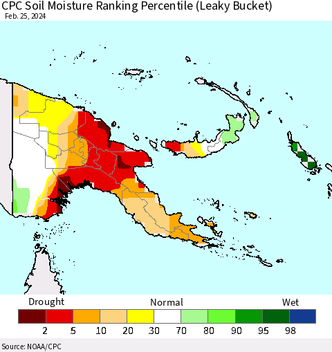 Papua New Guinea CPC Soil Moisture Ranking Percentile (Leaky Bucket) Thematic Map For 2/21/2024 - 2/25/2024