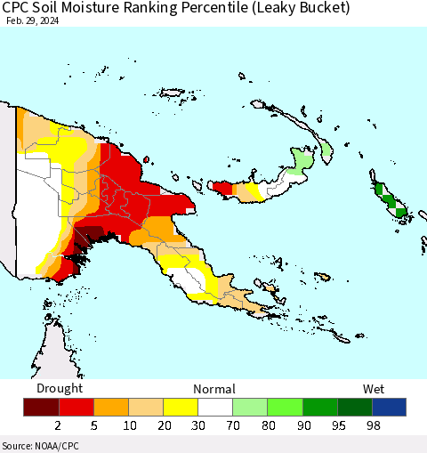 Papua New Guinea CPC Soil Moisture Ranking Percentile (Leaky Bucket) Thematic Map For 2/26/2024 - 2/29/2024