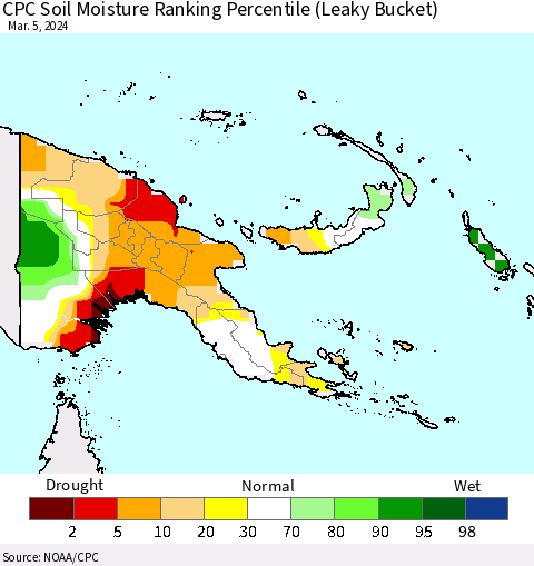Papua New Guinea CPC Soil Moisture Ranking Percentile (Leaky Bucket) Thematic Map For 3/1/2024 - 3/5/2024