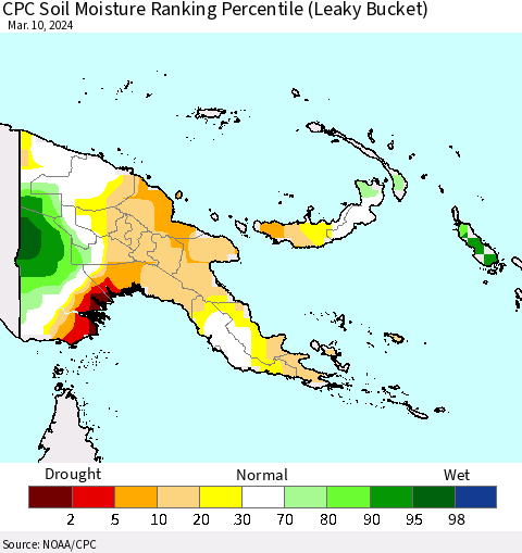Papua New Guinea CPC Soil Moisture Ranking Percentile (Leaky Bucket) Thematic Map For 3/6/2024 - 3/10/2024