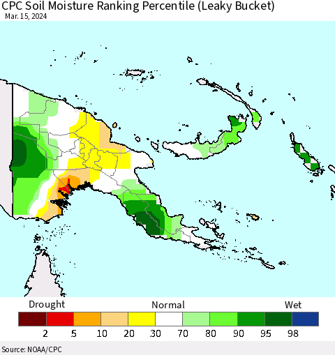 Papua New Guinea CPC Soil Moisture Ranking Percentile (Leaky Bucket) Thematic Map For 3/11/2024 - 3/15/2024