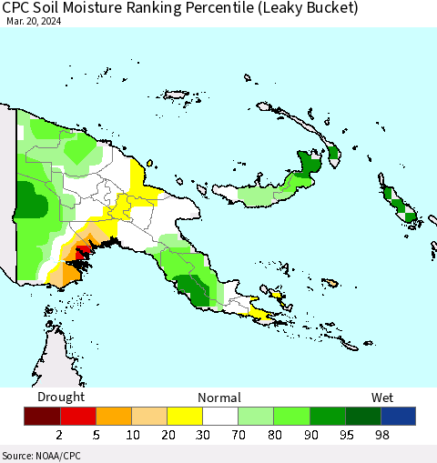 Papua New Guinea CPC Soil Moisture Ranking Percentile (Leaky Bucket) Thematic Map For 3/16/2024 - 3/20/2024
