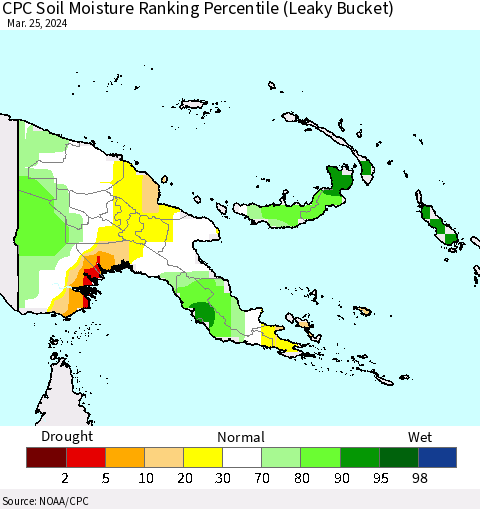 Papua New Guinea CPC Soil Moisture Ranking Percentile (Leaky Bucket) Thematic Map For 3/21/2024 - 3/25/2024