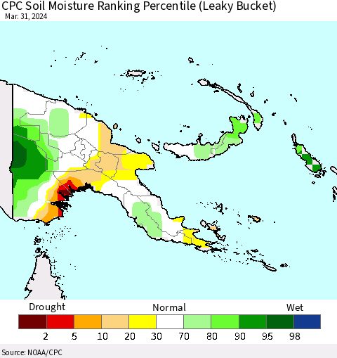 Papua New Guinea CPC Soil Moisture Ranking Percentile (Leaky Bucket) Thematic Map For 3/26/2024 - 3/31/2024