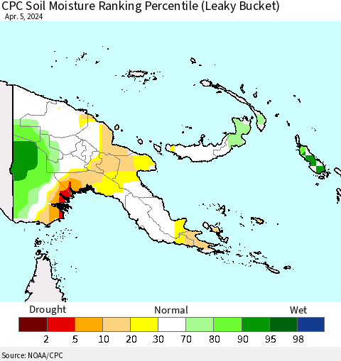 Papua New Guinea CPC Soil Moisture Ranking Percentile (Leaky Bucket) Thematic Map For 4/1/2024 - 4/5/2024