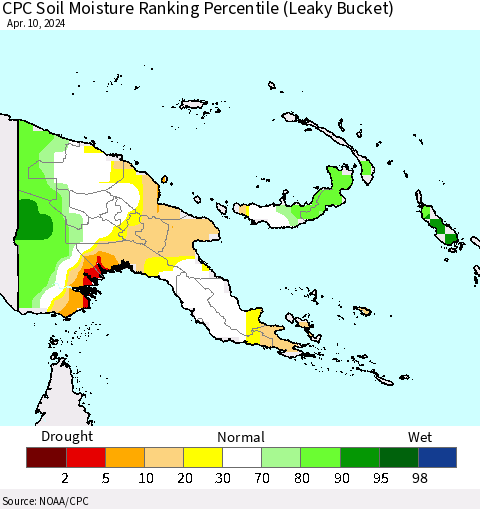 Papua New Guinea CPC Soil Moisture Ranking Percentile (Leaky Bucket) Thematic Map For 4/6/2024 - 4/10/2024