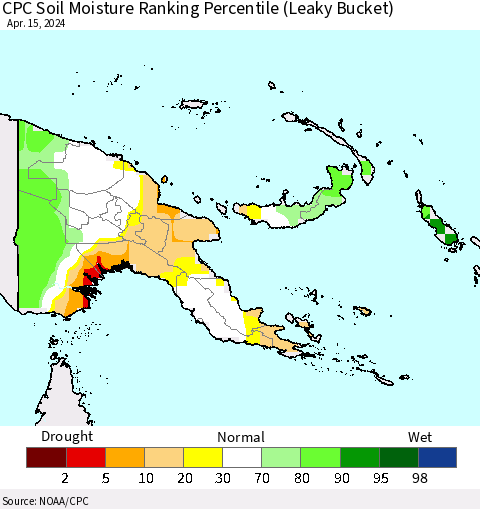 Papua New Guinea CPC Soil Moisture Ranking Percentile (Leaky Bucket) Thematic Map For 4/11/2024 - 4/15/2024