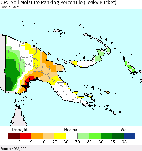 Papua New Guinea CPC Soil Moisture Ranking Percentile (Leaky Bucket) Thematic Map For 4/16/2024 - 4/20/2024