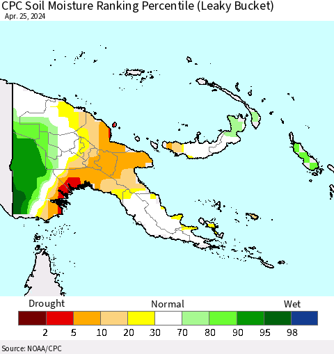 Papua New Guinea CPC Soil Moisture Ranking Percentile (Leaky Bucket) Thematic Map For 4/21/2024 - 4/25/2024