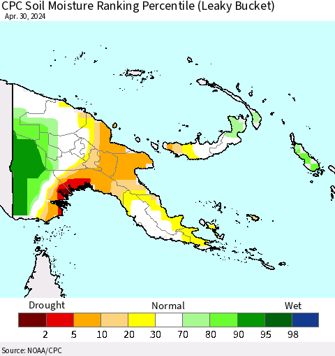 Papua New Guinea CPC Soil Moisture Ranking Percentile (Leaky Bucket) Thematic Map For 4/26/2024 - 4/30/2024