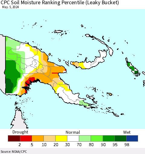 Papua New Guinea CPC Soil Moisture Ranking Percentile (Leaky Bucket) Thematic Map For 5/1/2024 - 5/5/2024