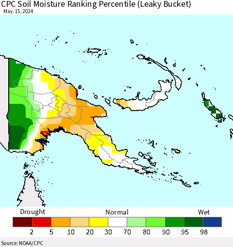 Papua New Guinea CPC Soil Moisture Ranking Percentile (Leaky Bucket) Thematic Map For 5/11/2024 - 5/15/2024
