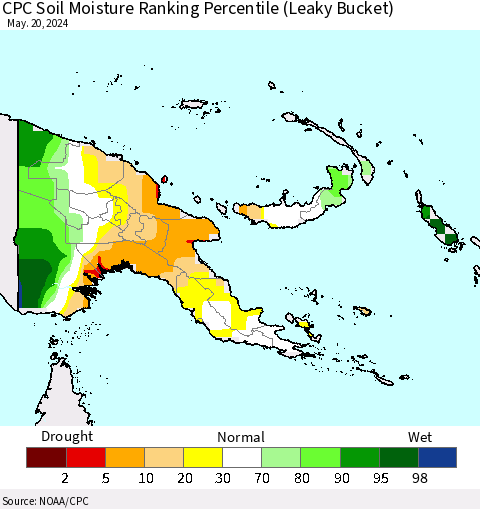 Papua New Guinea CPC Soil Moisture Ranking Percentile (Leaky Bucket) Thematic Map For 5/16/2024 - 5/20/2024