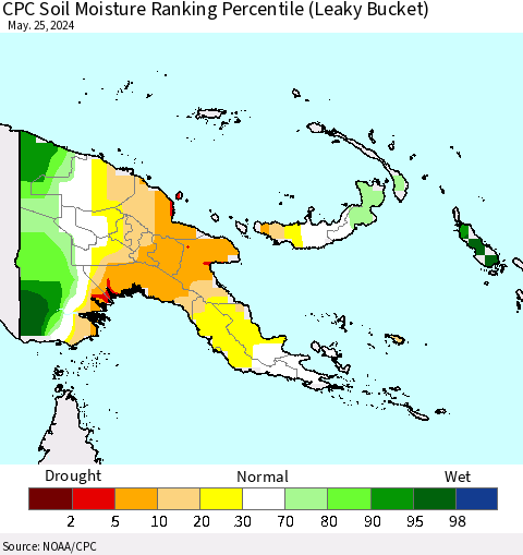 Papua New Guinea CPC Soil Moisture Ranking Percentile (Leaky Bucket) Thematic Map For 5/21/2024 - 5/25/2024
