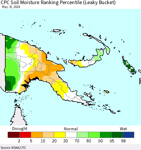 Papua New Guinea CPC Soil Moisture Ranking Percentile (Leaky Bucket) Thematic Map For 5/26/2024 - 5/31/2024