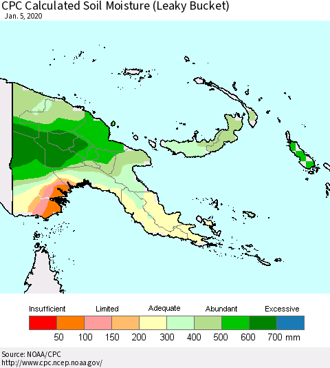 Papua New Guinea CPC Soil Moisture (Leaky Bucket) Thematic Map For 1/1/2020 - 1/5/2020