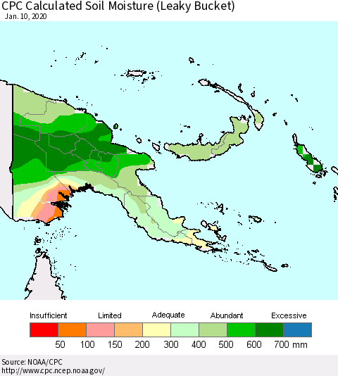 Papua New Guinea CPC Soil Moisture (Leaky Bucket) Thematic Map For 1/6/2020 - 1/10/2020