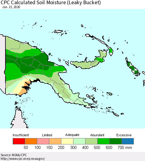 Papua New Guinea CPC Soil Moisture (Leaky Bucket) Thematic Map For 1/11/2020 - 1/15/2020