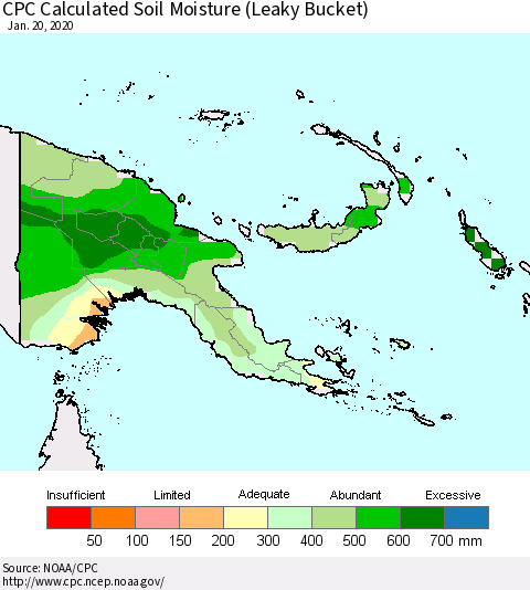 Papua New Guinea CPC Soil Moisture (Leaky Bucket) Thematic Map For 1/16/2020 - 1/20/2020