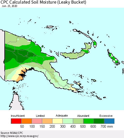 Papua New Guinea CPC Soil Moisture (Leaky Bucket) Thematic Map For 1/21/2020 - 1/25/2020