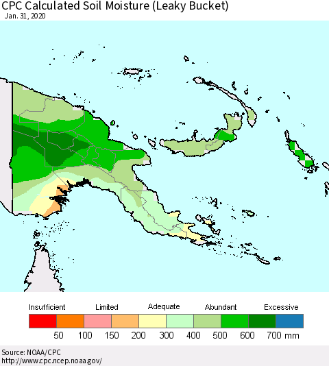 Papua New Guinea CPC Soil Moisture (Leaky Bucket) Thematic Map For 1/26/2020 - 1/31/2020