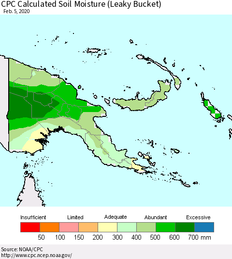 Papua New Guinea CPC Soil Moisture (Leaky Bucket) Thematic Map For 2/1/2020 - 2/5/2020