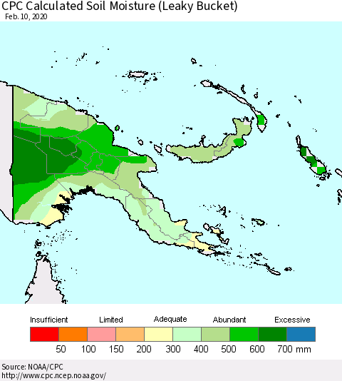 Papua New Guinea CPC Soil Moisture (Leaky Bucket) Thematic Map For 2/6/2020 - 2/10/2020