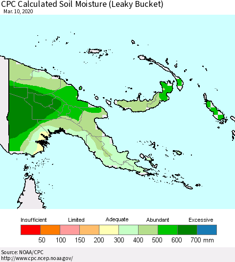 Papua New Guinea CPC Soil Moisture (Leaky Bucket) Thematic Map For 3/6/2020 - 3/10/2020