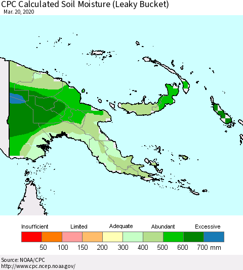 Papua New Guinea CPC Soil Moisture (Leaky Bucket) Thematic Map For 3/16/2020 - 3/20/2020