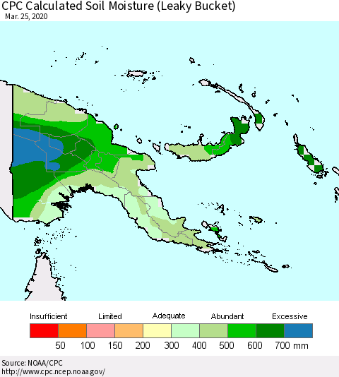 Papua New Guinea CPC Soil Moisture (Leaky Bucket) Thematic Map For 3/21/2020 - 3/25/2020