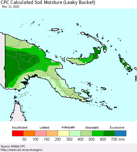 Papua New Guinea CPC Soil Moisture (Leaky Bucket) Thematic Map For 3/26/2020 - 3/31/2020