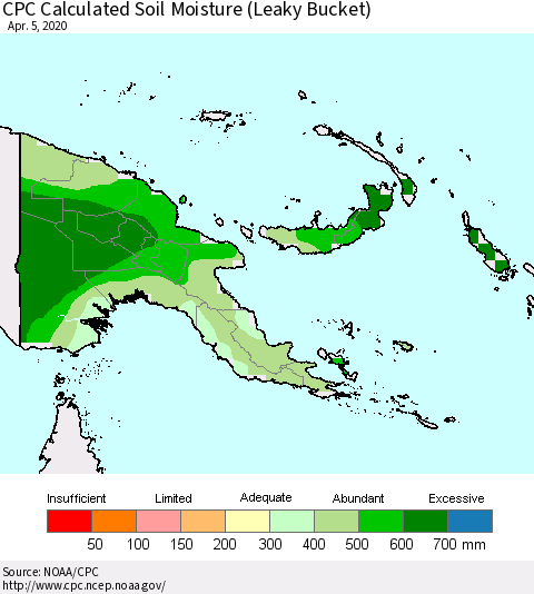 Papua New Guinea CPC Soil Moisture (Leaky Bucket) Thematic Map For 4/1/2020 - 4/5/2020