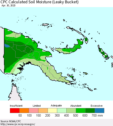 Papua New Guinea CPC Soil Moisture (Leaky Bucket) Thematic Map For 4/26/2020 - 4/30/2020