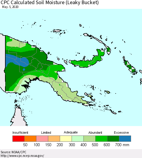 Papua New Guinea CPC Soil Moisture (Leaky Bucket) Thematic Map For 5/1/2020 - 5/5/2020