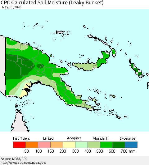 Papua New Guinea CPC Soil Moisture (Leaky Bucket) Thematic Map For 5/26/2020 - 5/31/2020