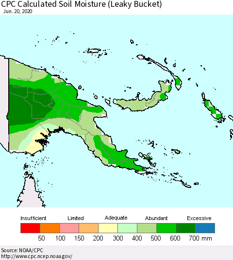 Papua New Guinea CPC Soil Moisture (Leaky Bucket) Thematic Map For 6/16/2020 - 6/20/2020