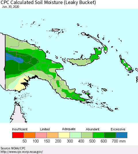 Papua New Guinea CPC Soil Moisture (Leaky Bucket) Thematic Map For 6/26/2020 - 6/30/2020