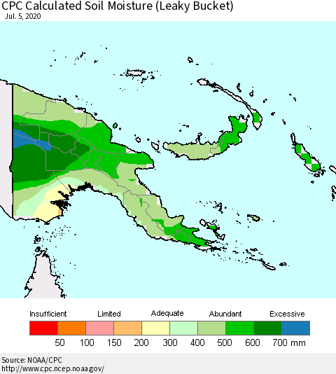Papua New Guinea CPC Soil Moisture (Leaky Bucket) Thematic Map For 7/1/2020 - 7/5/2020